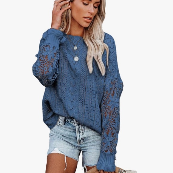 Lace Crewneck Long Sleeve Hollow Out Cable Knit Sweater Blouse - size L - Picture 2 of 7